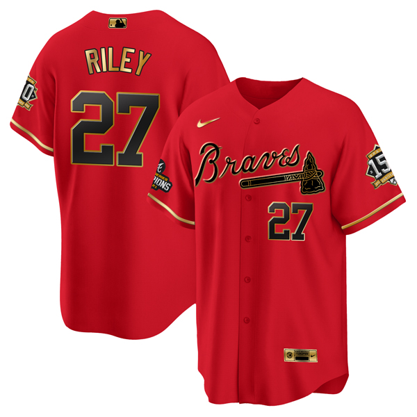 Men's Atlanta Braves #27 Austin Riley 2021 Red/Gold World Series Champions With 150th Anniversary Patch Cool Base Stitched Jersey Men's Atlanta Braves #27 Austin Riley 2021 Red/Gold World Series Champions With 150th Anniversary Patch Cool Base Stitched Jersey